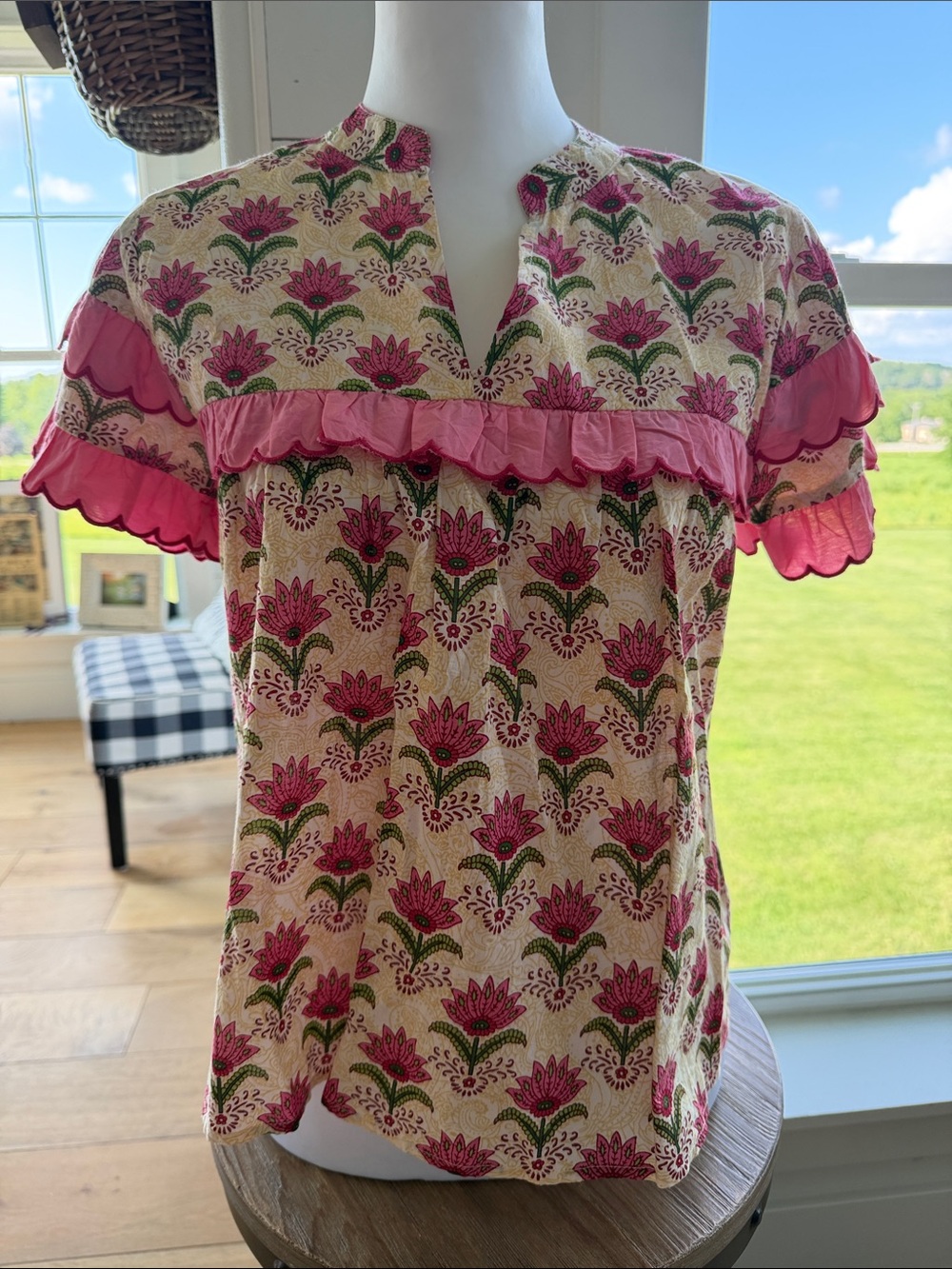 THML Pink Floral Ruffle Yoke Short Sleeve Top